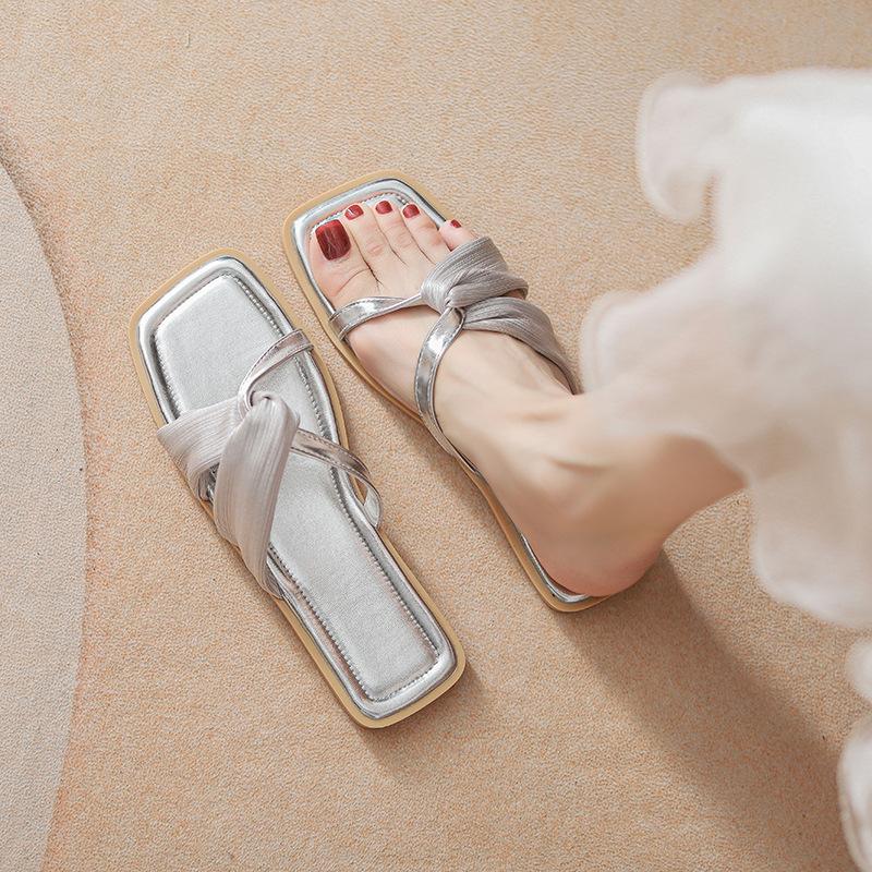 Fashion gold/silver lace band flat slippers women sexy mesh strap flip flops outdoor beach slides shoes 34-43 big size pantuflas mujer