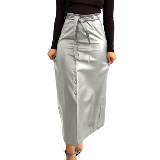 Women Skirt Faux Leather High Waisted Front Slit Hip Wrapped Skirt with Belt Buttons Closure Commuting Street Skirt