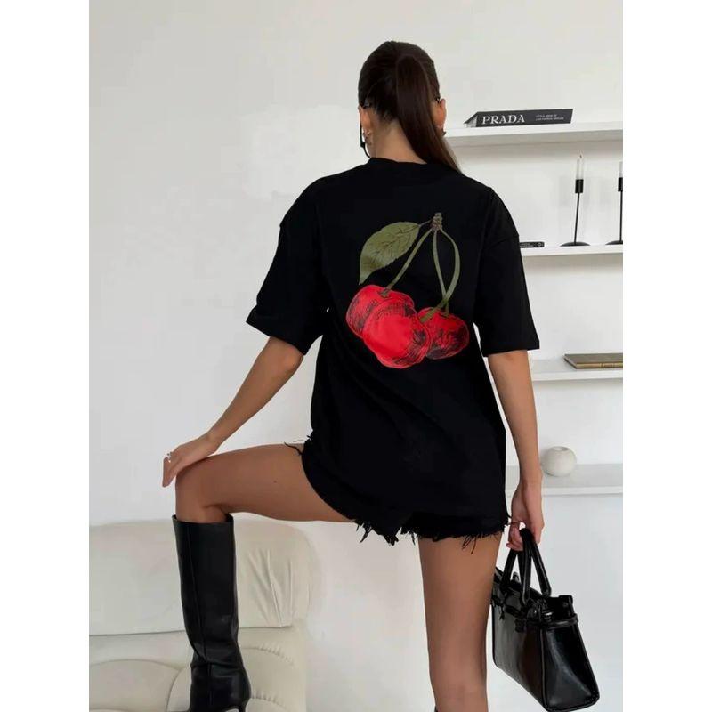 Loose Printed T-shirt Western Style New Casual Fashion Cherry Print Cotton Short Sleeve T-shirt Top