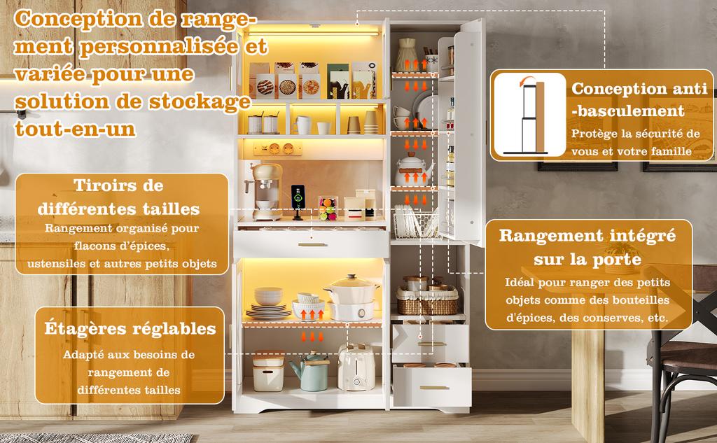 Kitchen Cabinet In Barn Style, Storage and Display Cabinet with Adjustable Shelves, Drawer, Color-Changing LED and Sockets, 185 × 105 × 40 Cm.