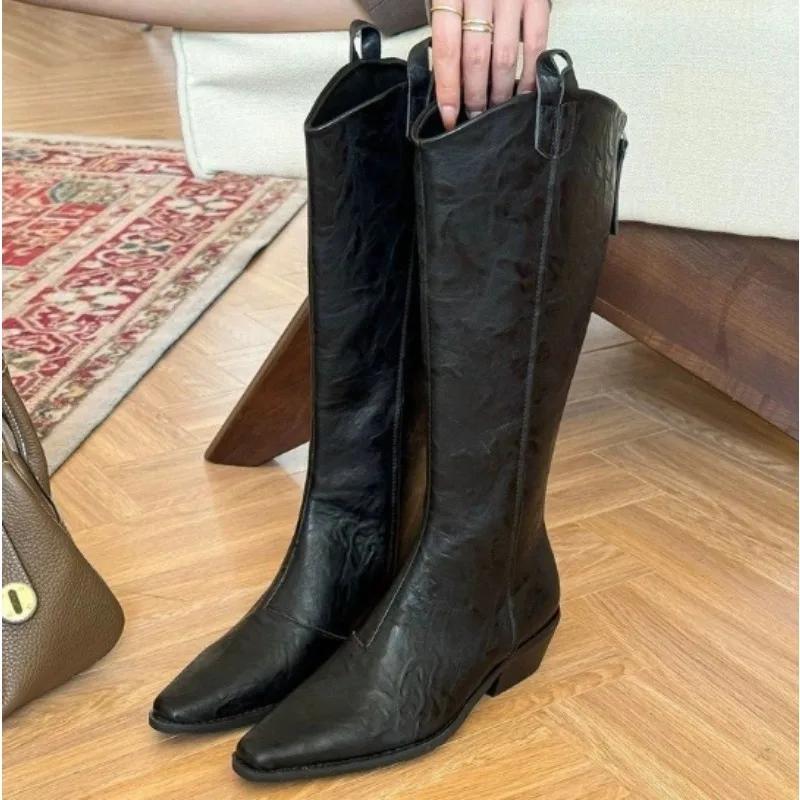 Fashion New Style Women Autumn/Winter Colors European and American Pointed Thick Heel High Barrel Large Western Side Zipper Denim Boots