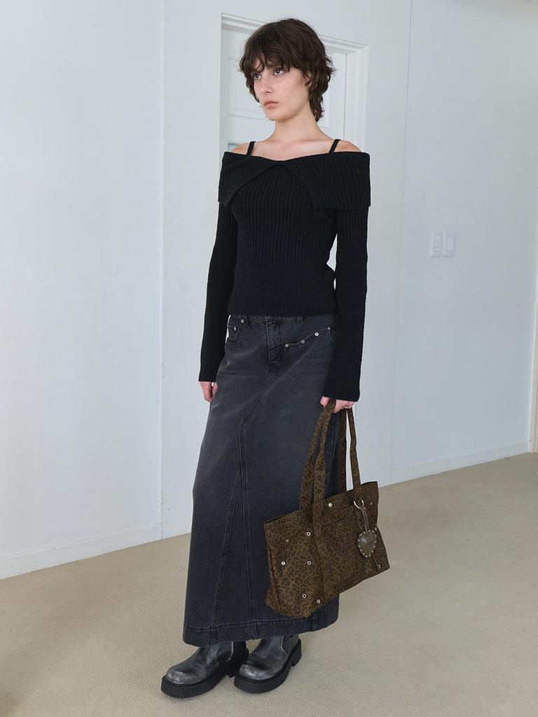 Leibeu Rivet Detail Long Denim Skirt In Black Vj5As377-10