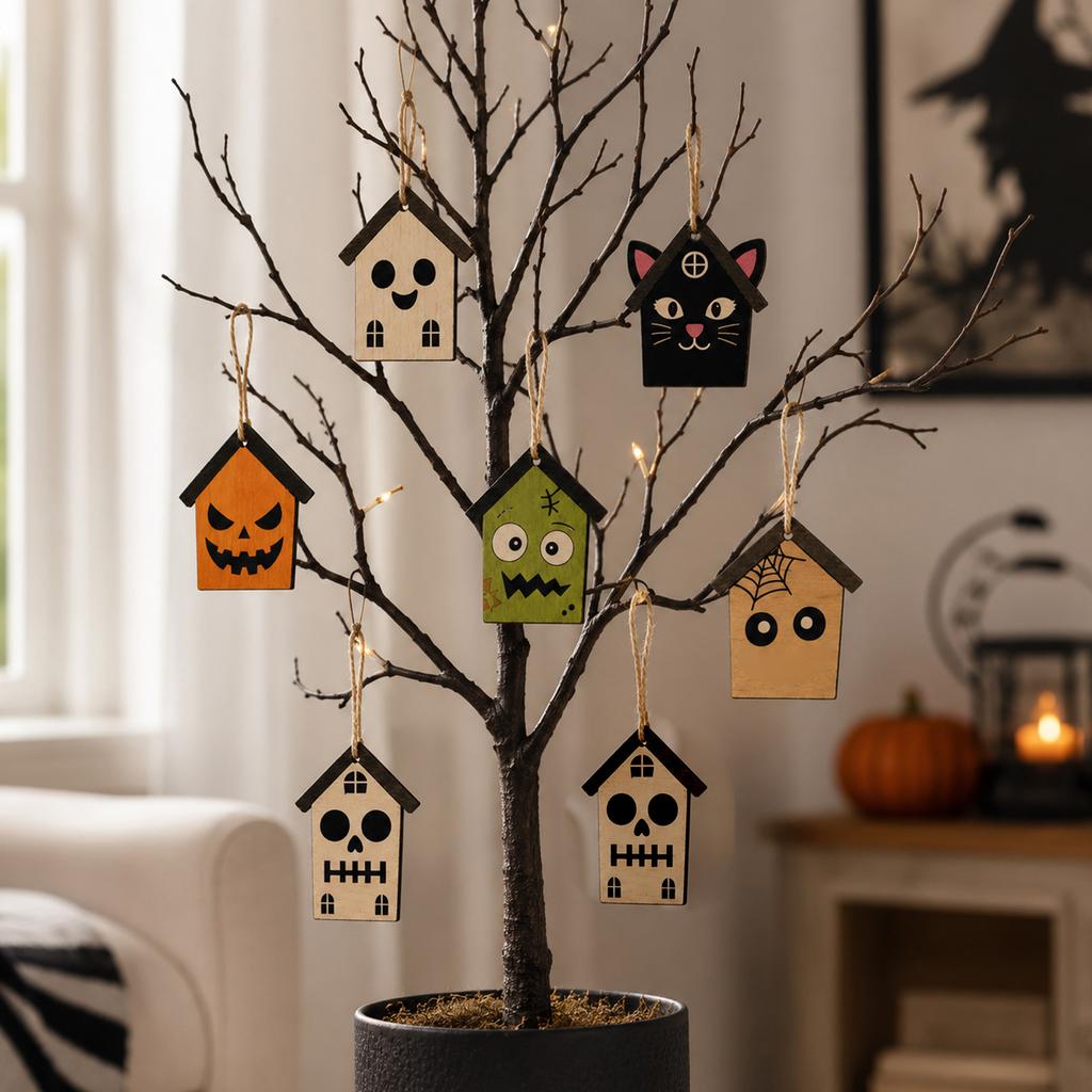 Halloween Wooden Hanging Decoration One-Sided Small House Ornament for Holiday Festive Decor