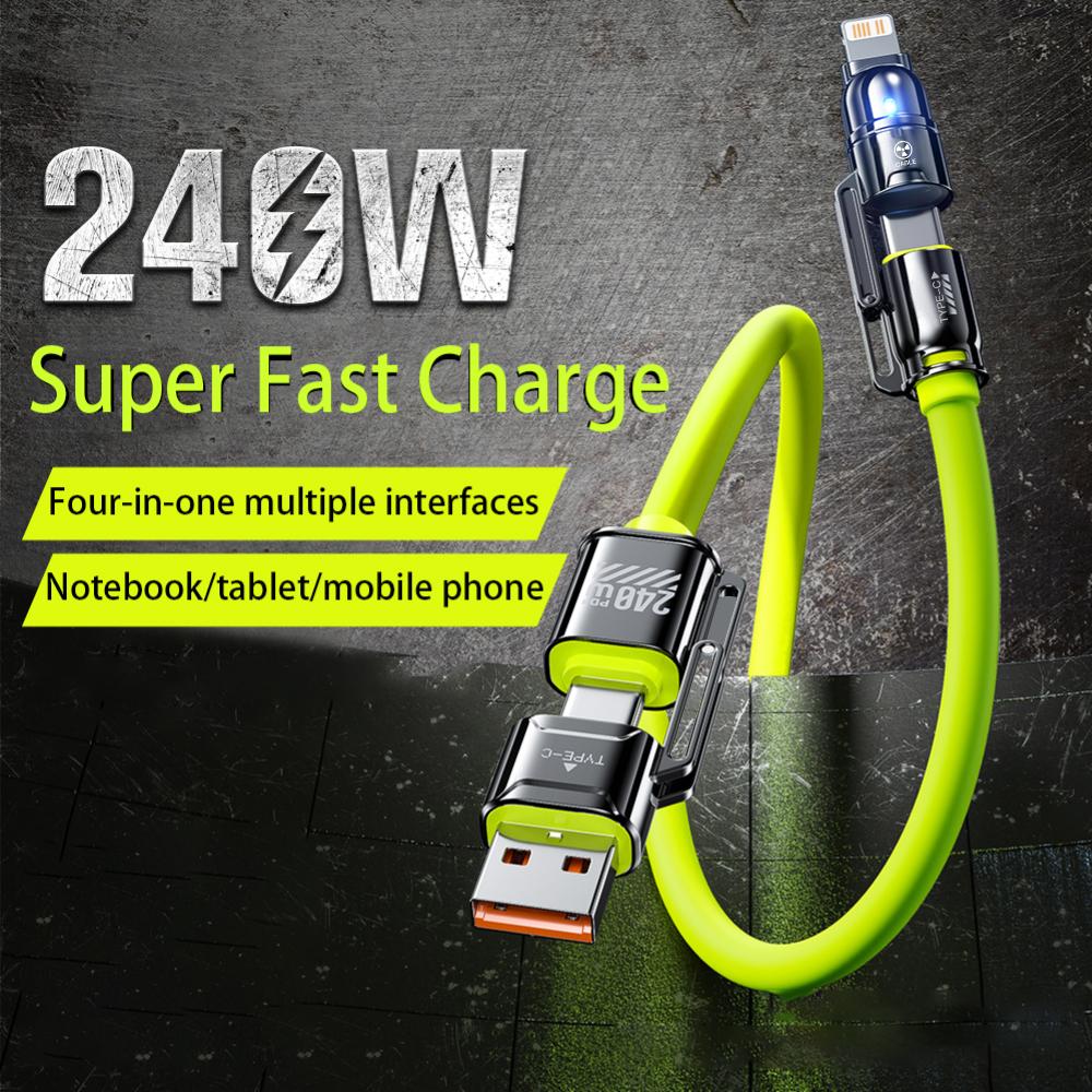 4-in-1 Zinc Alloy Cable 240W Super Fast Charging Multiple Functions Data Cord for iPhone 13 14 15 16 ProMax Samsung Phone Tablet