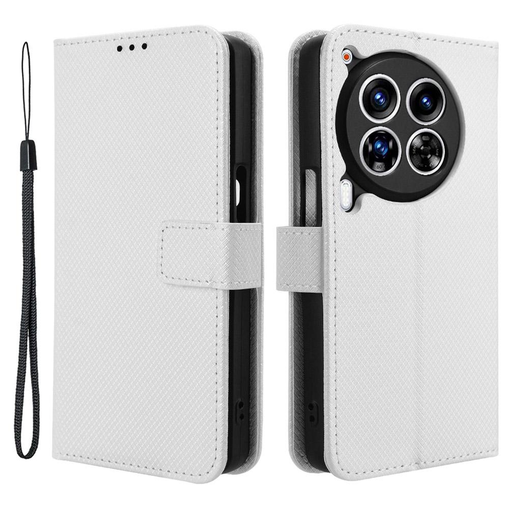 

For TECNO Camon 30 Premier 5G CL9 Case Diamond Texture Leather Phone Cover with Wrist Strap White