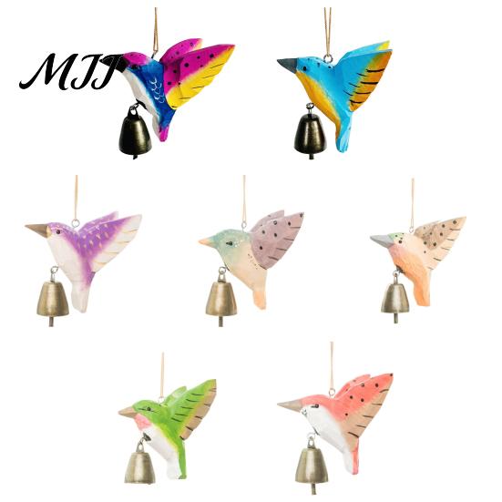 Eco Friendly Hanging Ornament Hand Carved Wooden Bird Wind Chime, Rustic Bell Decor Handmade Hummingbird Chimes with Rope, Wood Pendant for