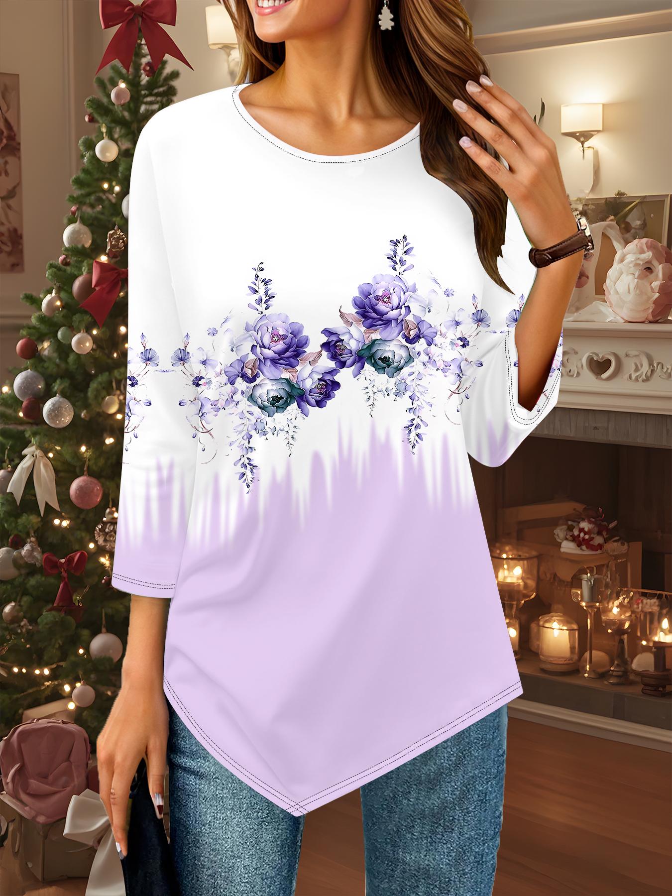 

Женская свободная футболка с круглым вырезом и рукавом три четверти, 3D цветочный узор 8XL фиолетовый