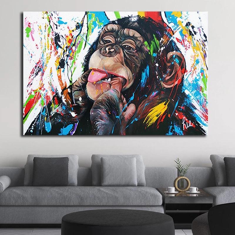 Colourful chimp wall art printed on canvas 30/'/' X 30/" solid frame