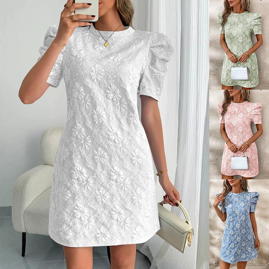 Women's Summer Shirt Dress O-Neck Bubble Short Sleeve Midi Dress Vintage High Waist Textured Jacquard Dress