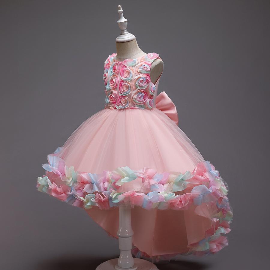 Girls Mesh Flower Runway Dress Children's Party Wedding Princess Dress with Train