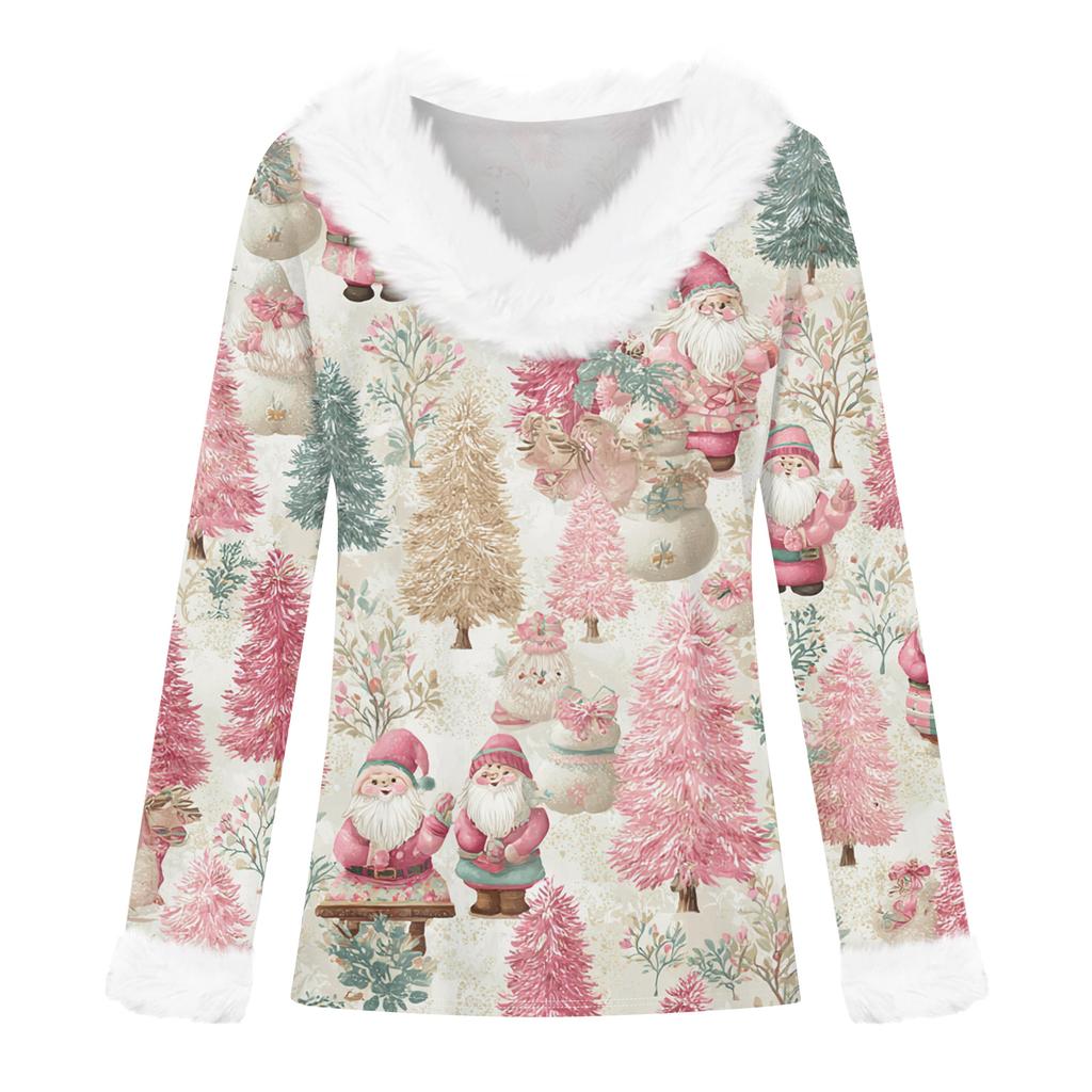Women's T Shirt Tee Christmas Shirt Long Sleeve Party Christmas Print Collar V Neck Top