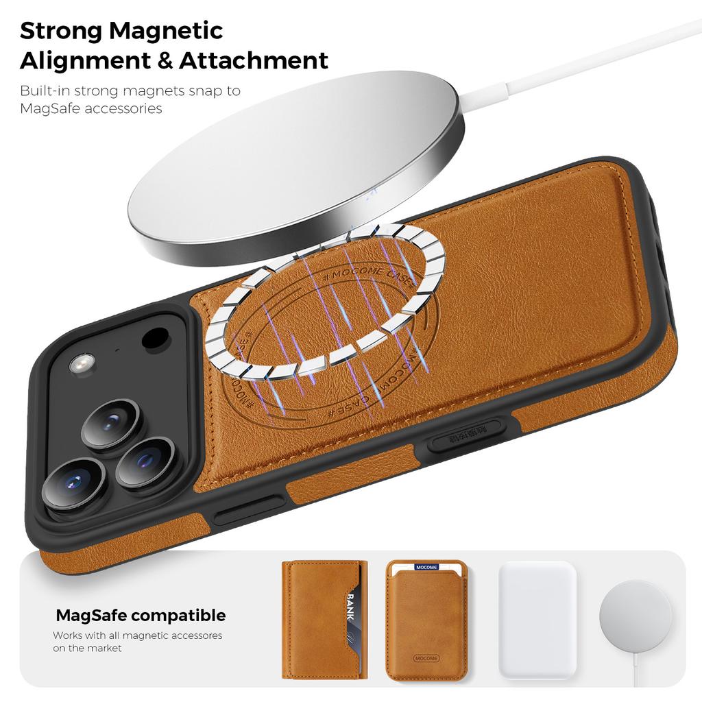 For iPhone 17 Pro Case Compatible with MagSafe Leather Back Phone Cover with Detachable Card Bag