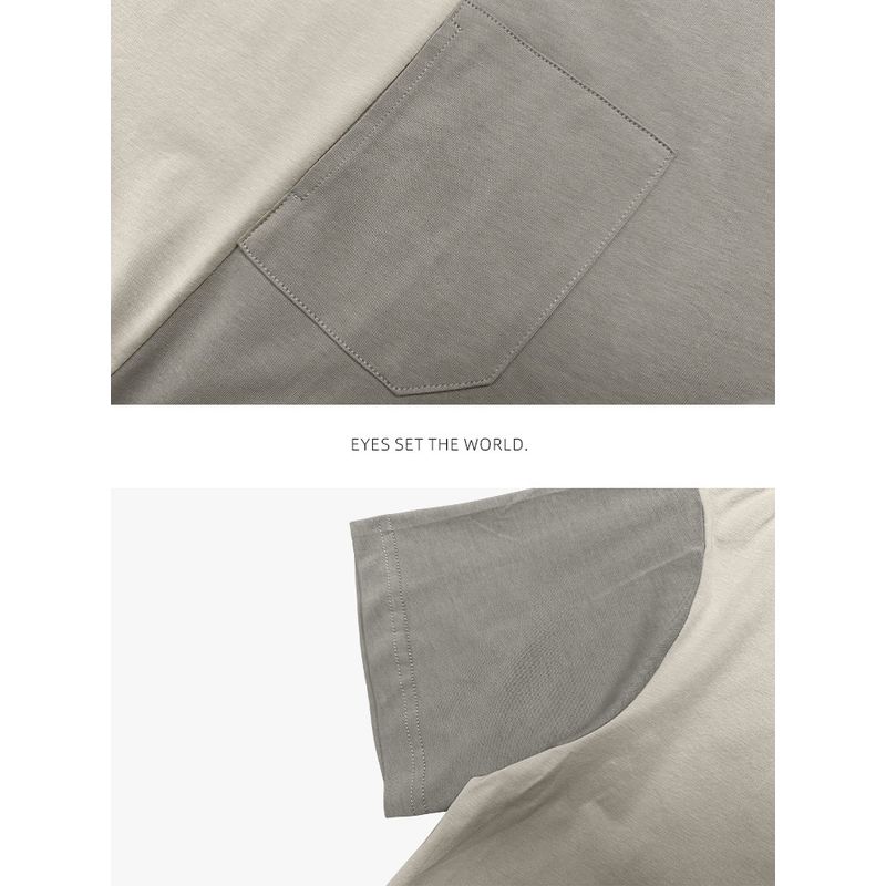 Menseye Men's Short-Sleeved T-Shirt, Color-Blocking Patchwork, Large Pocket, Workwear Style, Chinese Trend, Loose Fit, Khaki Color