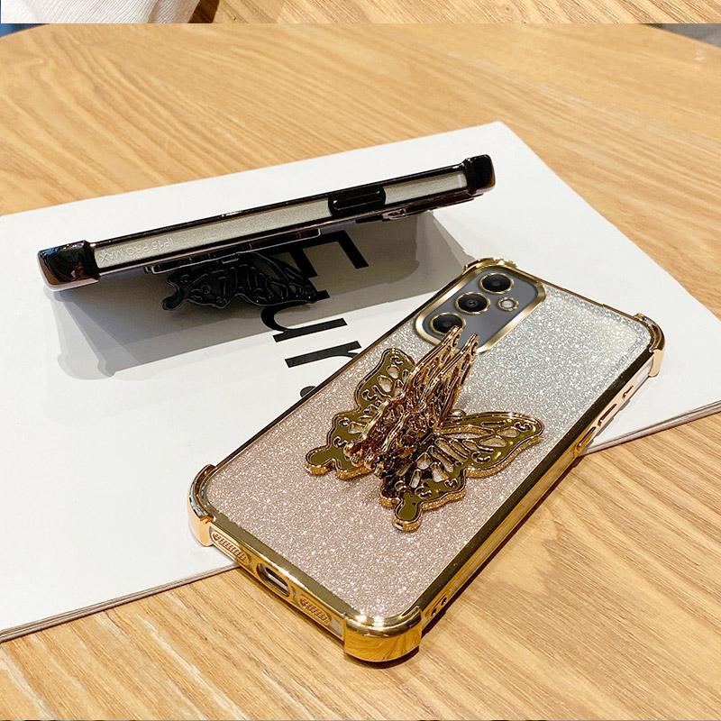 Plating Shockproof Butterfly Holder Phone Case For Samsung Galaxy A04E A04 A14 A24 A34 A54 A73 A53 A33 A23 A13 4G Glitter Cover