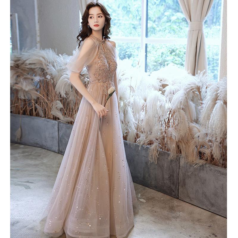 Champagne evening dress fairy bridesmaid dress 1011 summer new banquet temperament host heavy industry long dress