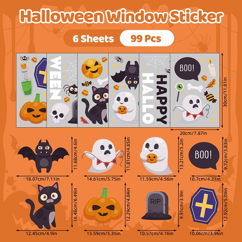 6/8/9 Sheets Halloween Window Clings Cute Ghost Pumpkin Bat Removable Self Adhesive For Home Party Glass Decor