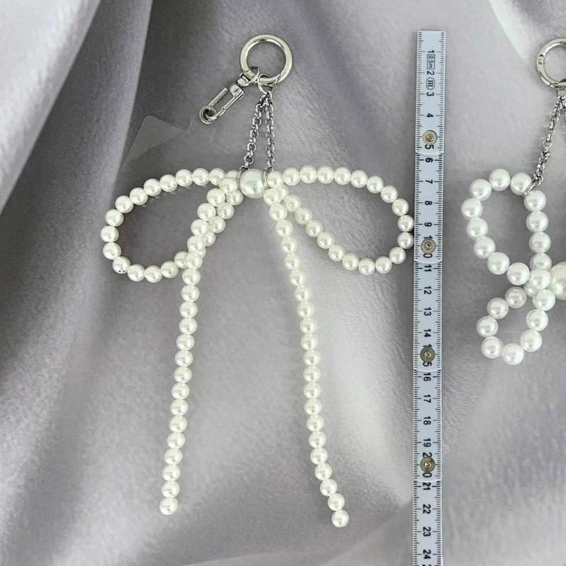 Pearl Bowknot Pendant Keychain Beaded Phone Charm Detachable Bow Phone Lanyard Handmade Keyring Jewelry for Wallet