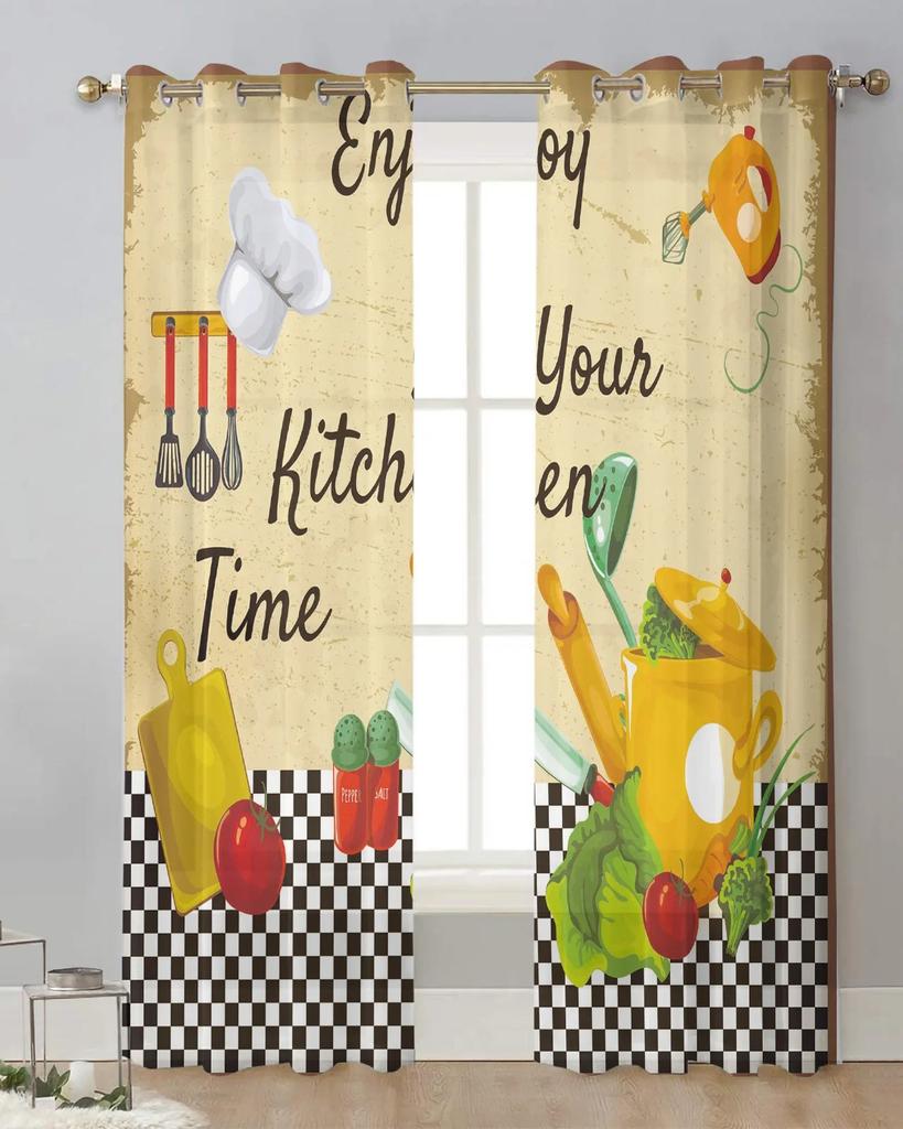 2Panels Chiffon Sheer Curtain Kitchen Curtain Kitchenware Chef Print Voile Tulle Cortinas for Kitchen LivingRoom Window Cortina