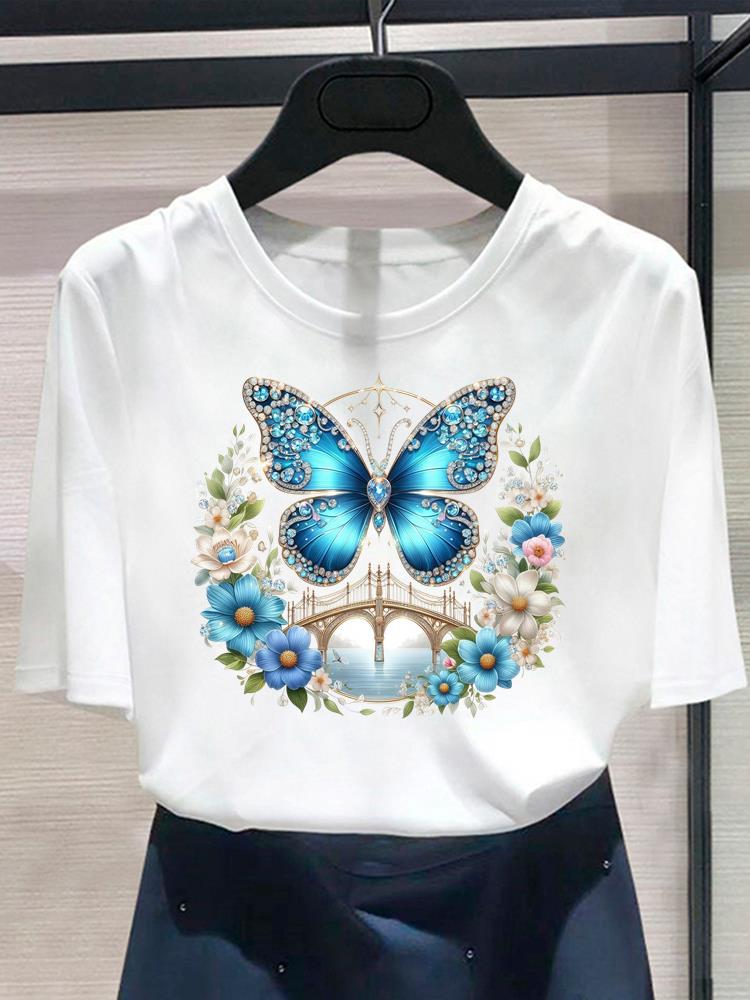 (Asian Size) Butterfly Style Cute Women's Top Print O-neck Casual T  Fashion Female Clothing Graphic Tee Short Sleeve T-shirts