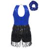 Meisjes Glanzende Pailletten Leotard Jurk Keyhole Achterkant Kwastjes Mouwloos Latijnse Jazz Hoofddeksel Set