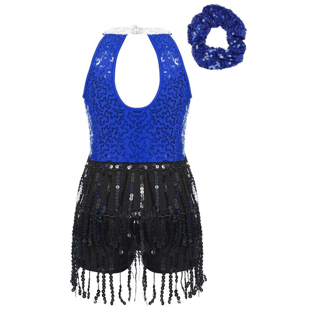 Meisjes Glanzende Pailletten Leotard Jurk Keyhole Achterkant Kwastjes Mouwloos Latijnse Jazz Hoofddeksel Set