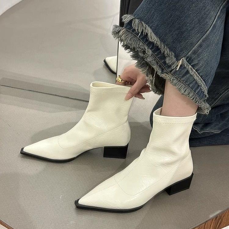 Short Boots for Women Thick Heeled Short Boot Retro Pointe Toe Ankle Boots for Women New Casual Leather Boot Botas Mujer