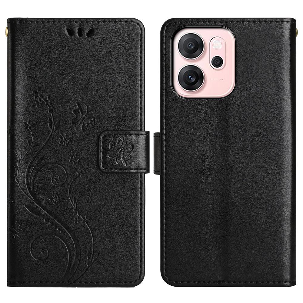 For Oppo Reno14 F 5G Leather Wallet Case Butterfly Flower Imprinted Phone Cover with Strap