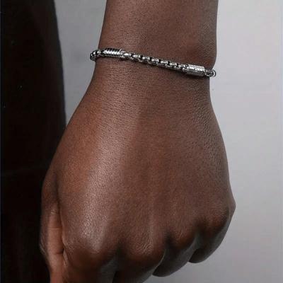 1pc Men's Stainless Steel Box Chain Bracelet, Silver Tone Titanium Steel Wristband with Cylinder Beads, Hip Hop Minimalist Jewelry for Daily & Part
