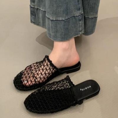 Retro neue Mesh hohle atmungsaktive kühle Hausschuhe Fischernetz gewebte Tasche Kopf halber Schlepp flache Muleschuhe Römersandalen