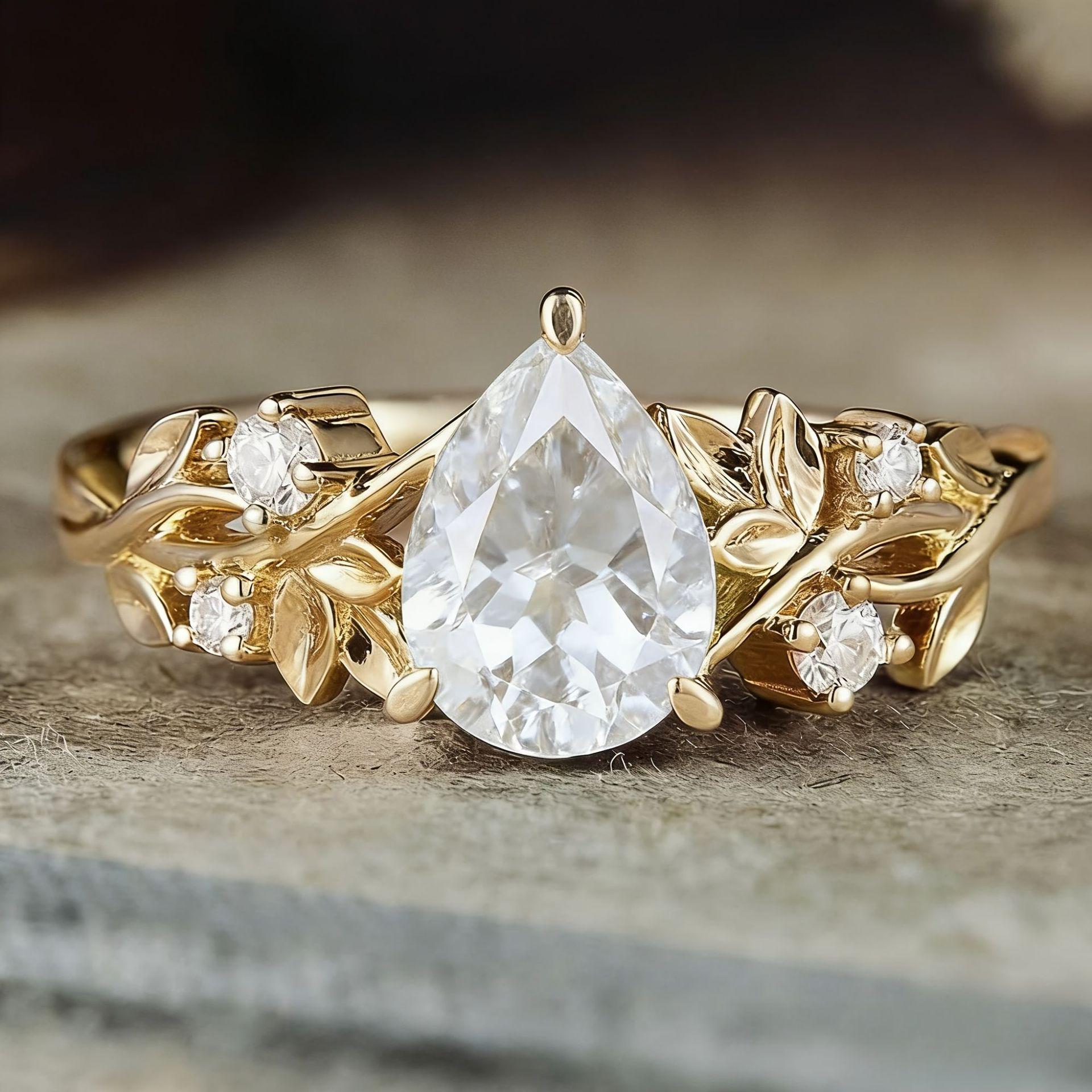 Yanbai Zircon Gold Teardrop Ring - European & American Forest-Style, Retro Court Design, Shining & Exquisite. Size 10
