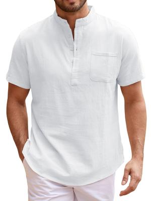 Summer New Men's Lightweight Cotton Linen Short Sleeve Henley Neck T-shirt - Breathable Casual Basic Style Solid Color Tops
