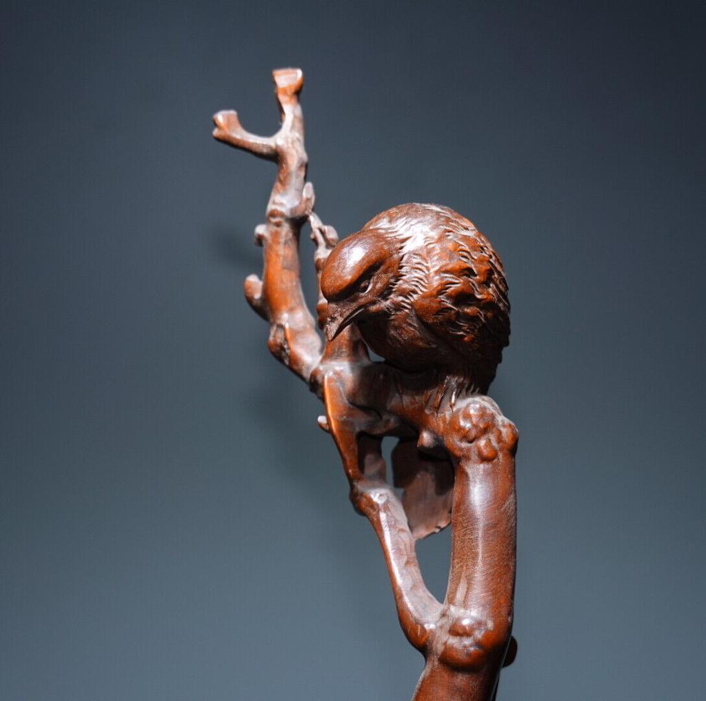 Chinese Antique Vintage Boxwood Wood Carving Wooden Statue Bird Pen Holder Decor