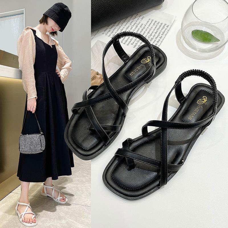 Flat-soled Sandals Women's 2025 Summer New Student Korean Version Fashion One-word Cross Strap Set Toe Beach Roman Shoes