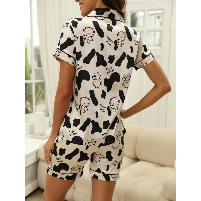 Kreslený pyžamový set s kravským potiskem, top s krátkým rukávem na knoflíky a šortky s elastickým pasem, dámské noční prádlo a oblečení na doma
