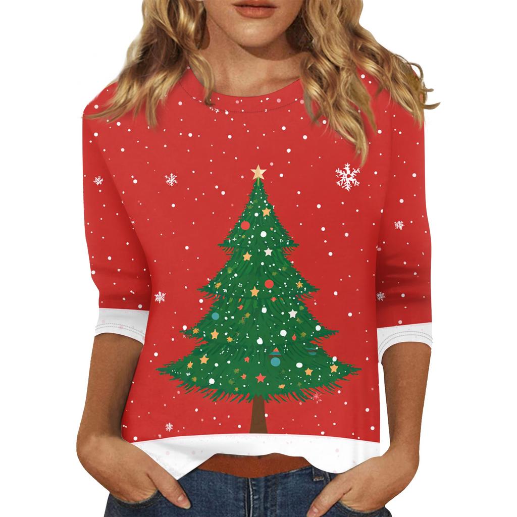 Women's O-Neck 3/4 Sleeve Christmas Print Top