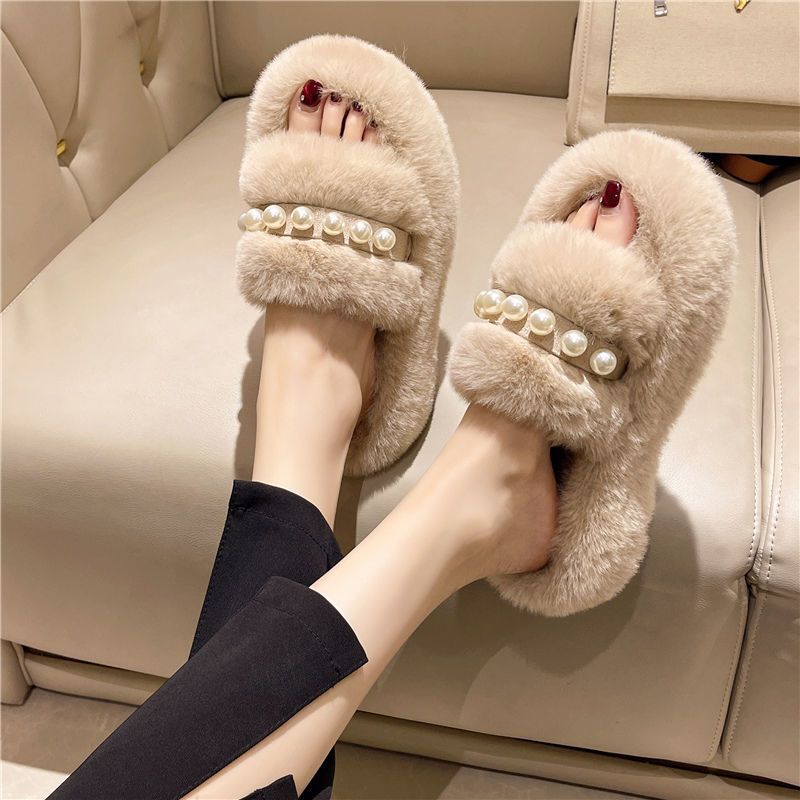 Pearl Mao Mao Slippers Women Wear 2025 Autumn and Winter New Thick Bottom Internet Celebrity Mao Mao Mop Home Indoor Hair Mop Women