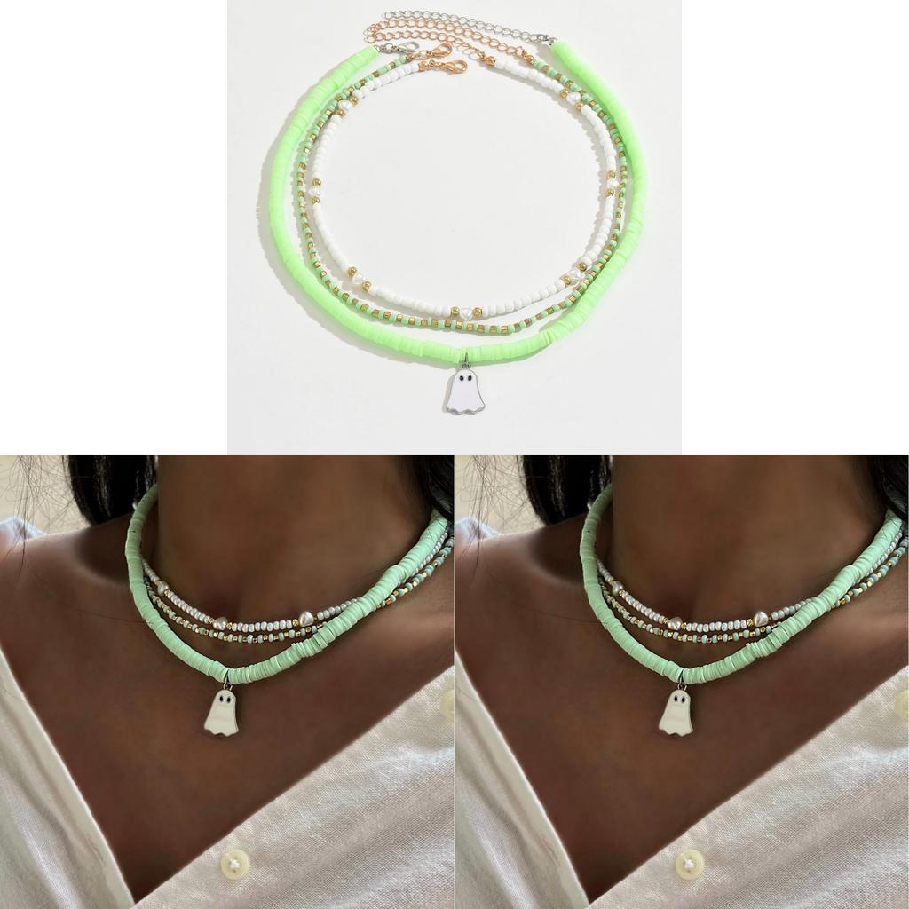 Halloween Hängsmycke Halsband Med Tecknade Spökpärlor Och Flerlagersdesign För Kvinnor