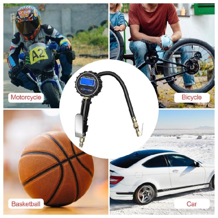 Digital LCD Display Inflation Monitoring Manometer Car Tire Air Pressure Inflator Gauges 200PSI with 14'' Hose