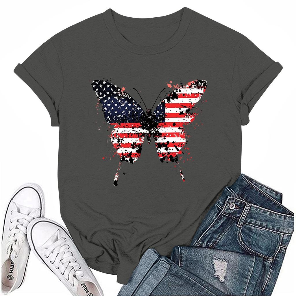 Adults Casual Daily Round Neck Independence Day Printed Short Sleeved T-shirt Letter Top