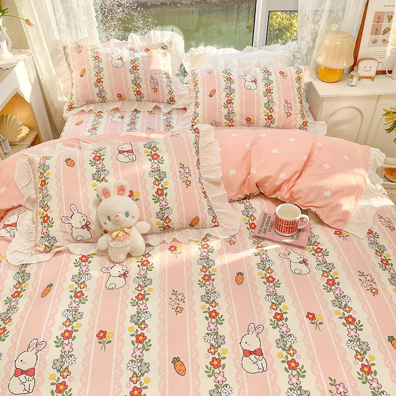Botanical Floral and Cartoon Rabbit Duvet Cover 3pcs Kawaii Pink Bedding Set For Girl Teen 100% Cotton Farmhouse Comforter Cover