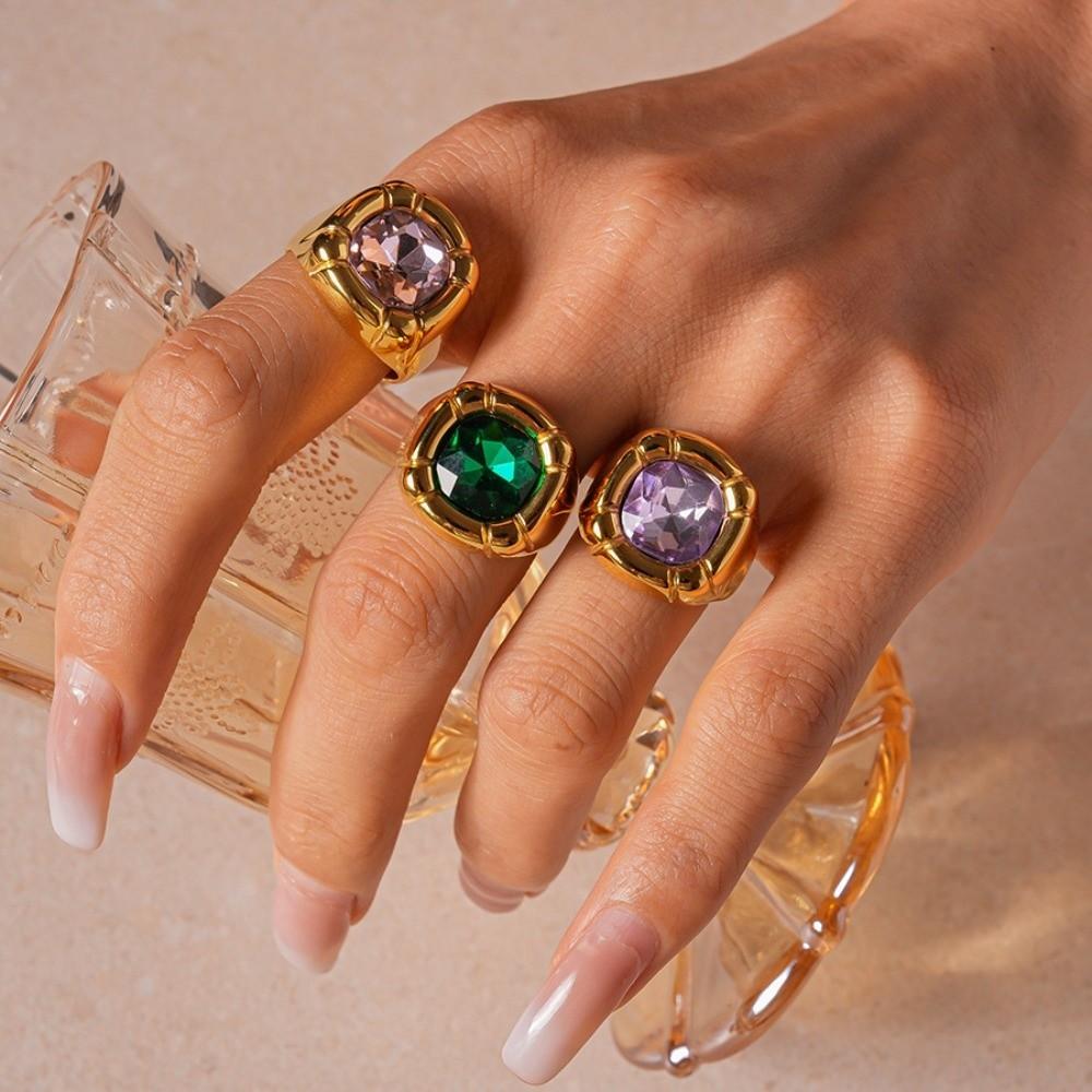 Zircon Square Crystal Ring Stainless Steel Exaggerated Ring Creative Square Zircon Rings  Couple