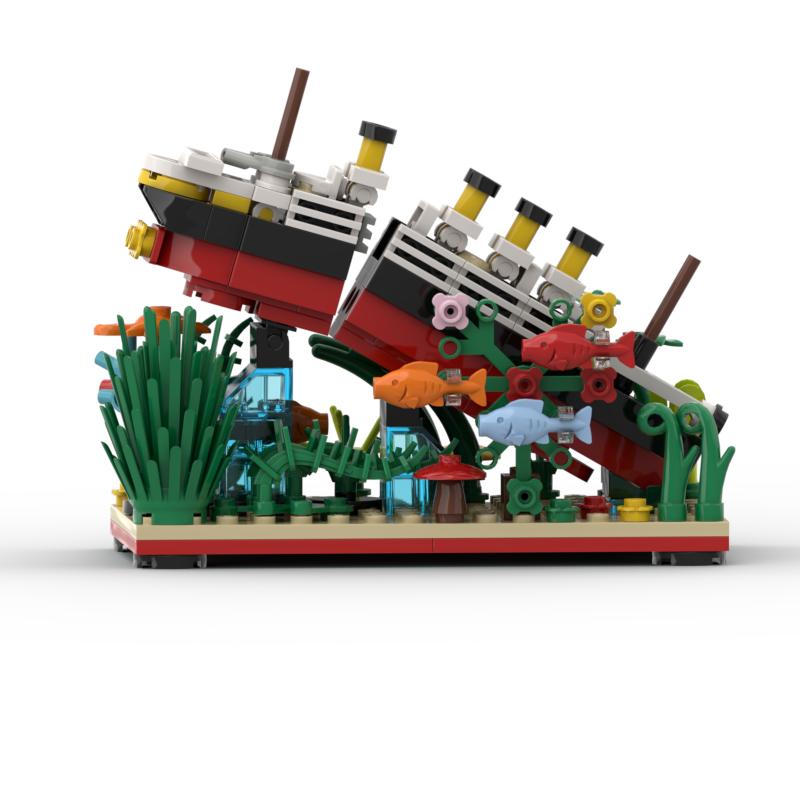 Model výletní lodi Titanic, MOC, rozlomit na polovinu, stavební bloky, mořský život, ryby, rostliny, cihly, sady lodí, vystavené a sestavené hračky