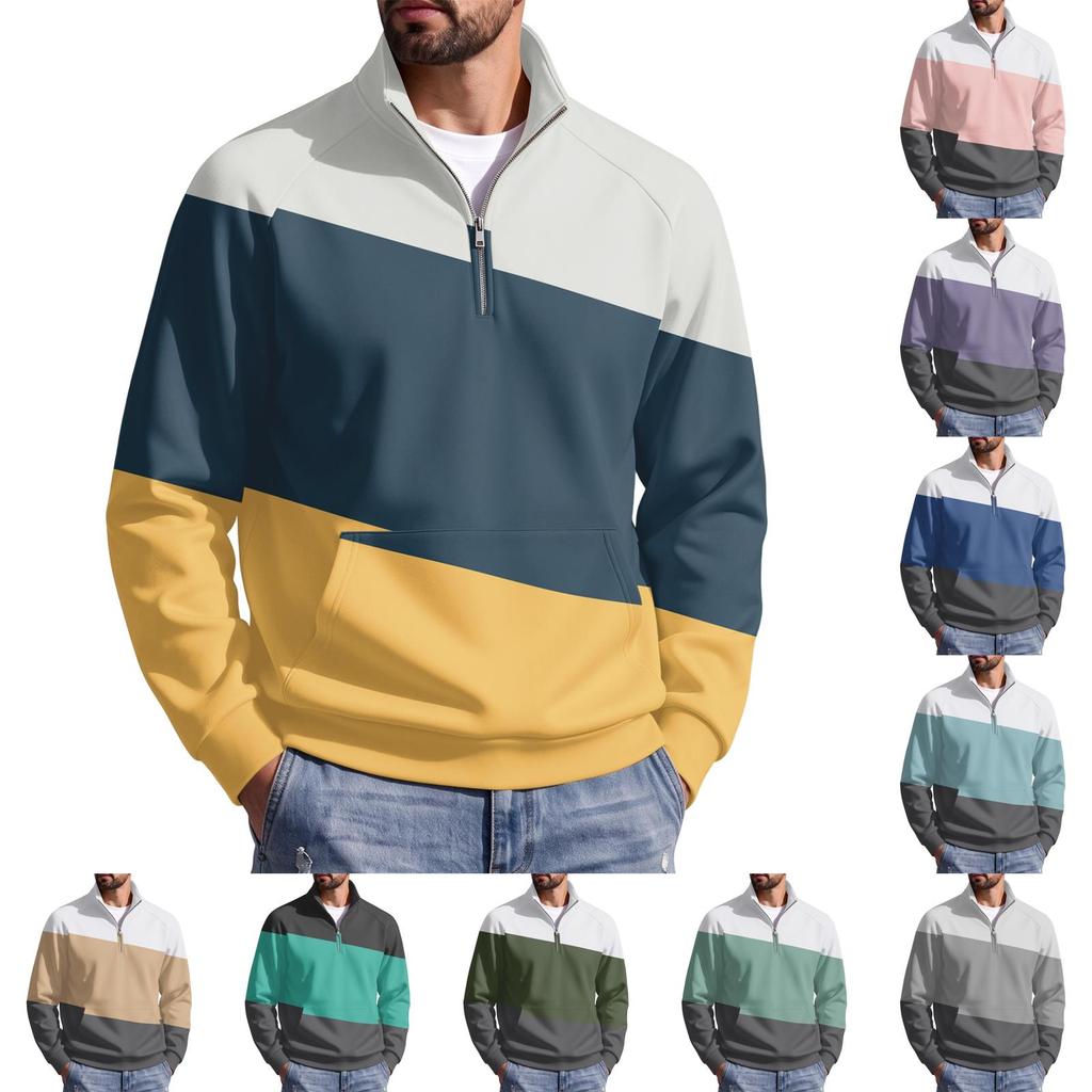 Men's Casual Zip Pullover Top with Stripe Print, Stand Collar, Wrinkle- Fall Winter Athletic Wear