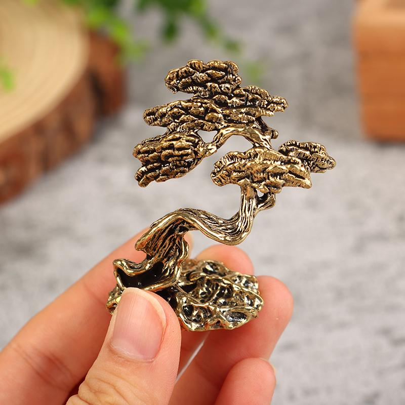 1Pc Brass Mini Welcome Pine Figurine Tree Miniature Landscape Small Bonsai Tree Statues Decorations Accessories