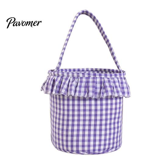 Trick or Treat Baskets Halloween Basket, Plaid Ruffle Candy Bucket with Handle Bags for Kids Kids, Reusable Gingham Fabric Storage Basket Party Favors