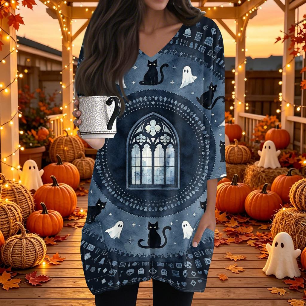 Women's Halloween Print V-Neck Casual Top with Pockets Three-Quarter Sleeves, Mid Length