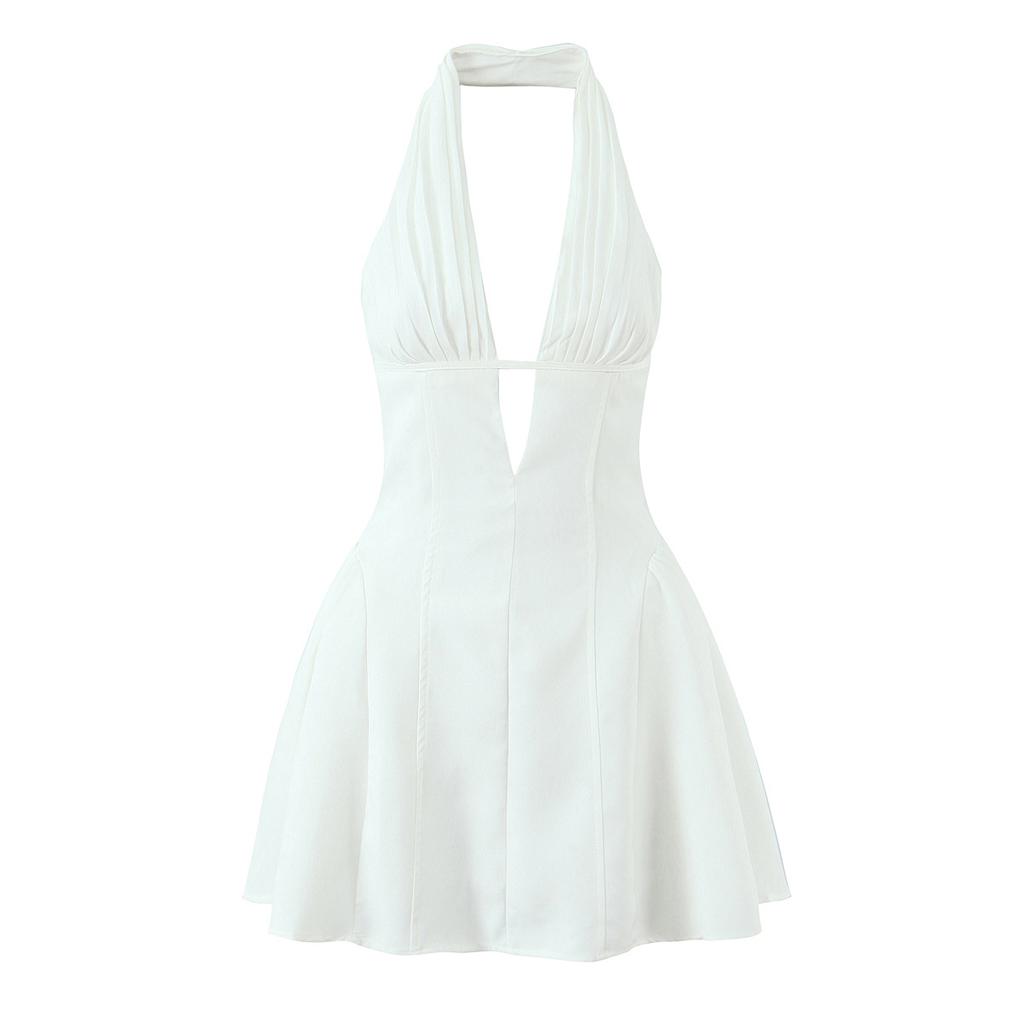 French Style Retro Polka Dot Deep V Halter Dress Women Sexy Backless A-line Slim Sweet Elegant Mini Dresses Summer Robe