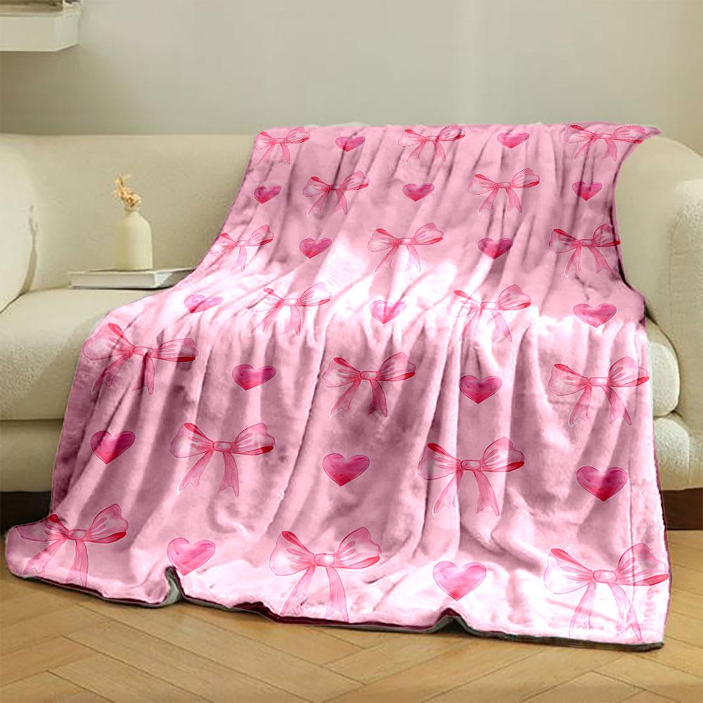 Pink Bow Heart Blanket Bedroom Blanket for Livingroom Couch Lunch Break Soft Throw for Friend's Festival Gift