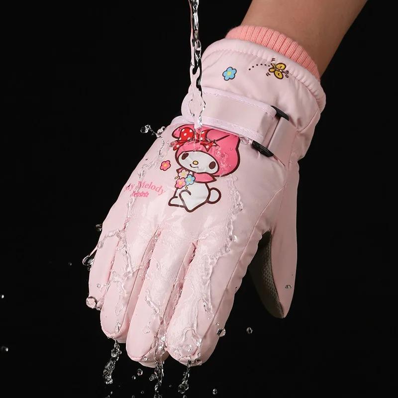 Kuromi Melody Winter Children Fleece Gloves Waterproof Outdoor Ski Warm Outdoor Cycling Gloves Windproof Cold Resistant Sanrio