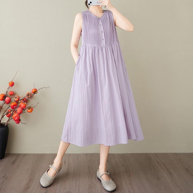 Fashion Fan Solid Color Cotton and Linen Dress Women's 2025 Summer New Crew Neck Sleeveless Pleated Temperament Medium and Long Dress